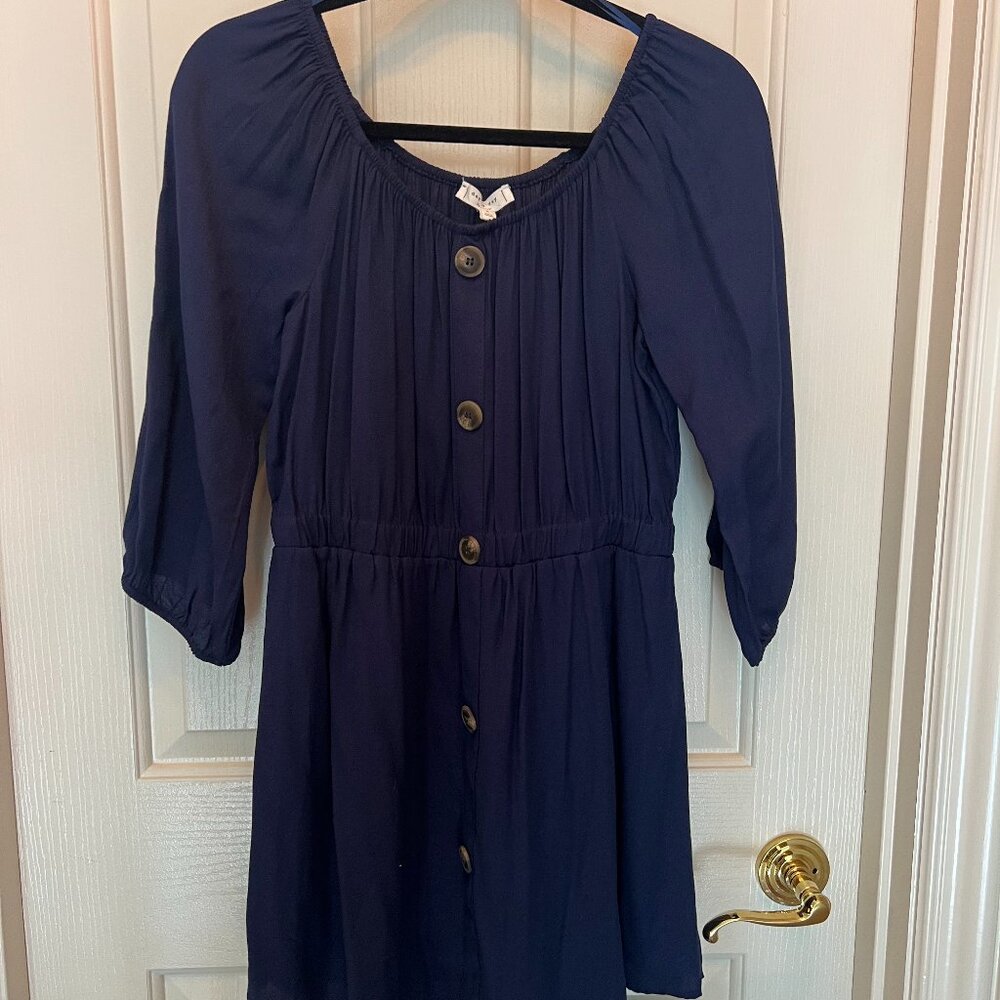 Off the Shoulder Blue Button Up Dress